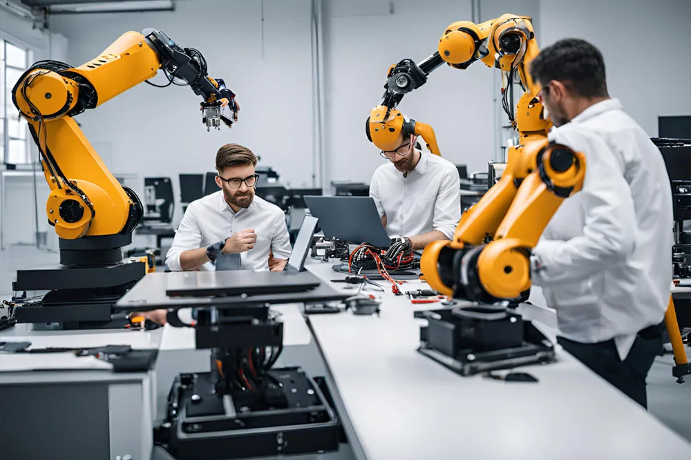 Robotics engineers collaborating in an industrial robotics laboratory